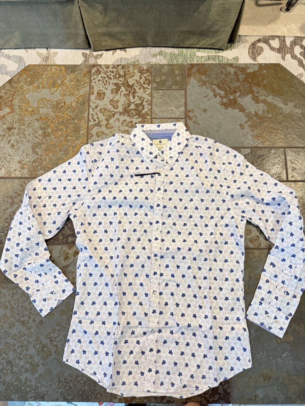 Men's White Dress Shirt with Blue Floral Print